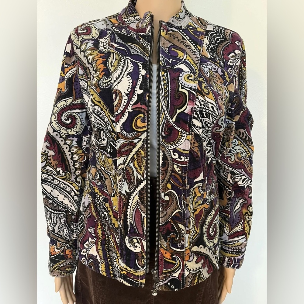 Chicos-80's/90's Vintage, Brown/Beige, Paisley, Corduroy, Zip Up, Jacket. Size-M
